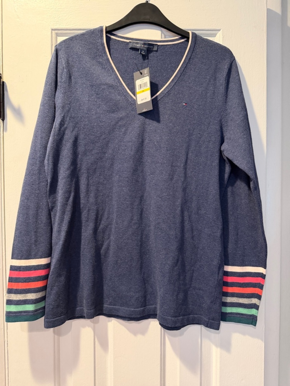 Tommy Hilfiger Navy V-Neck Sweater with Pink Red Green Stripe Cuffs